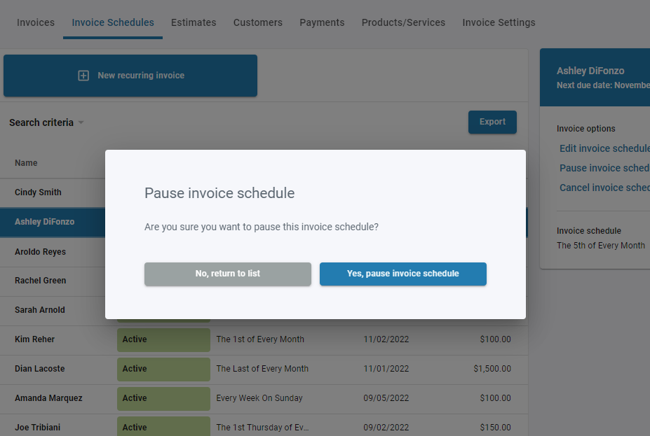 Edit pause or cancel a recurring invoice